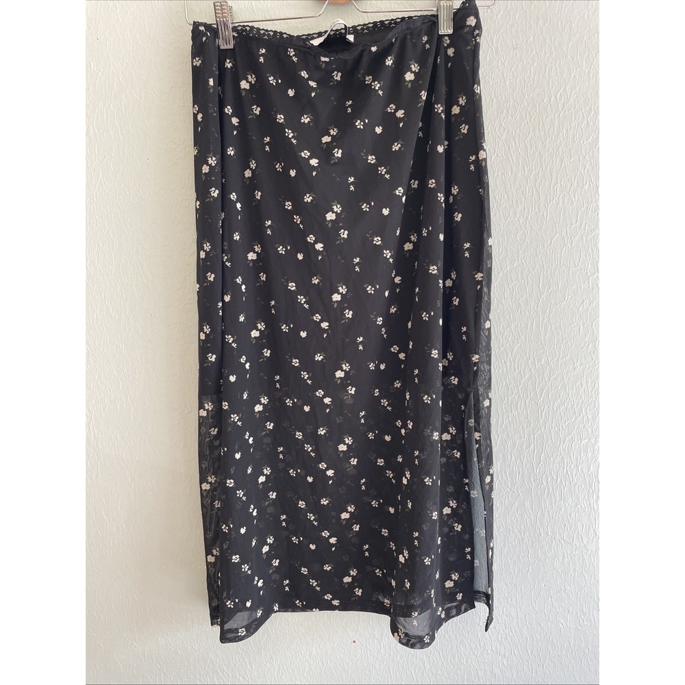Hollister‎ Mesh Overlay Sheer Black Floral Skirt 2 Side Slits Midi Pencil M